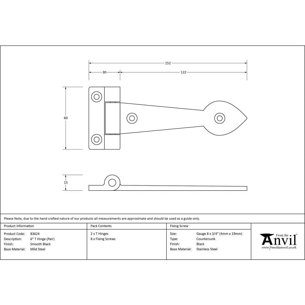 From The Anvil Hinges Black / Tee Hinges / 6" (152mm) From The Anvil - Black Smooth 6" Cast T Hinge (pair)
