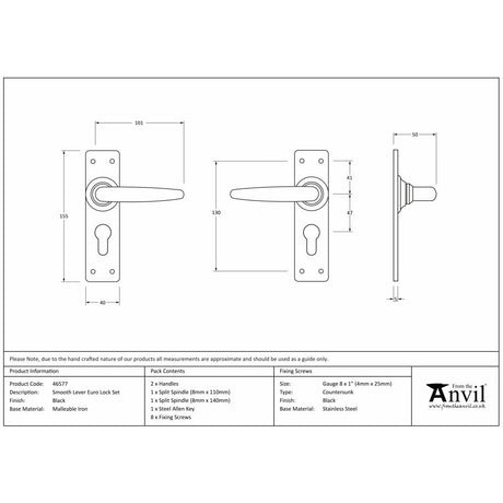 From The Anvil Door Furniture Black / Euro Profile Lock Handles From The Anvil - Black Smooth Lever Euro Lock Set