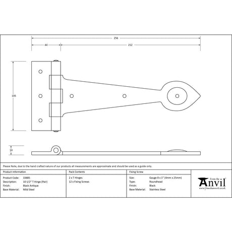 From The Anvil Hinges Black / Tee Hinges / 10.5" (267mm) From The Anvil - Black Textured 10ÃƒÆ’Ã¢â‚¬Å¡Ãƒâ€šÃ‚Â½" Cast T Hinge (pair)