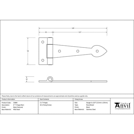 From The Anvil Hinges Black / Tee Hinges / 6" (152mm) From The Anvil - Black Textured 6" Cast T Hinge (pair)