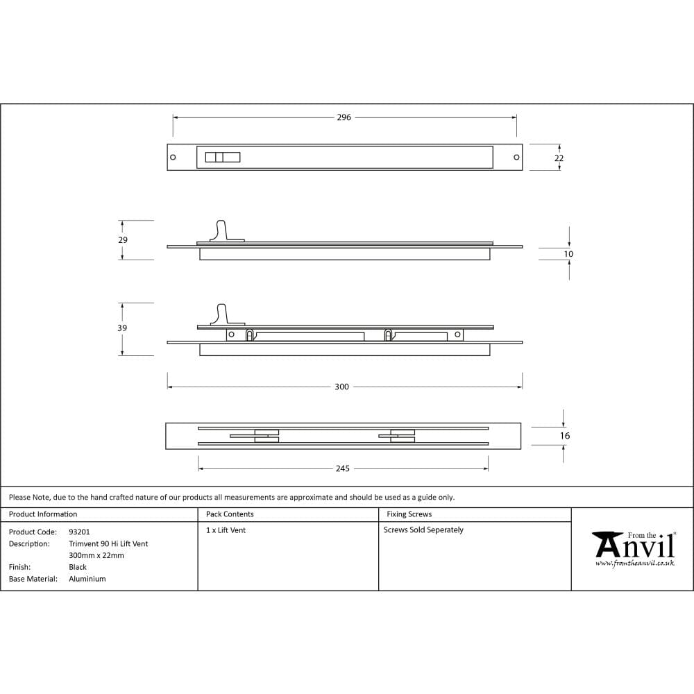 From The Anvil Window Furniture Black / Window Ventilation From The Anvil - Black Trimvent 90 Hi Lift Vent 300mm x 22mm