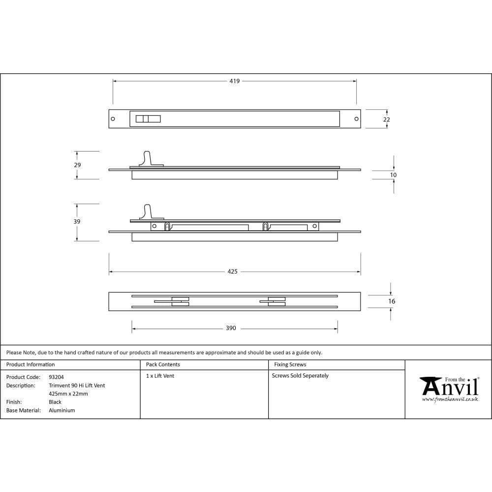 From The Anvil Window Furniture Black / Window Ventilation From The Anvil - Black Trimvent 90 Hi Lift Vent 425mm x 22mm