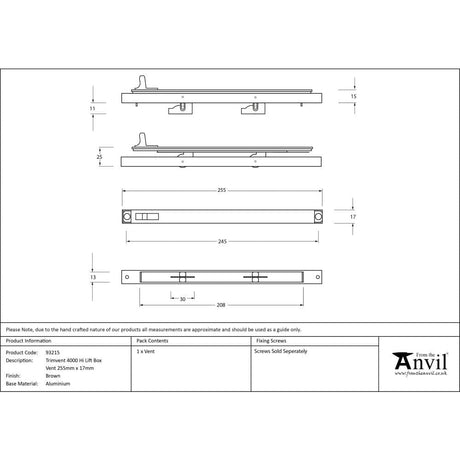 From The Anvil Window Furniture Brown / Window Ventilation From The Anvil - Brown Trimvent 4000 Hi Lift Box Vent 255mm x 17mm