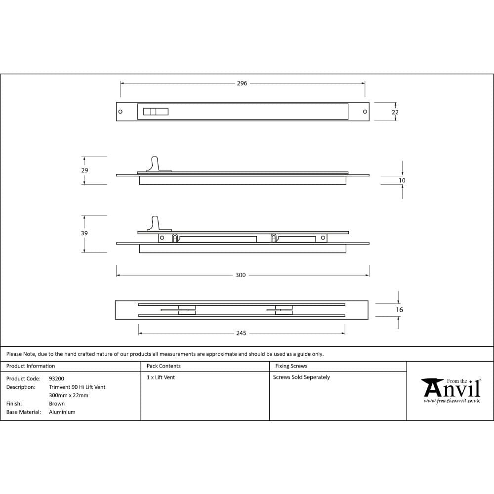 From The Anvil Window Furniture Brown / Window Ventilation From The Anvil - Brown Trimvent 90 Hi Lift Vent 300mm x 22mm