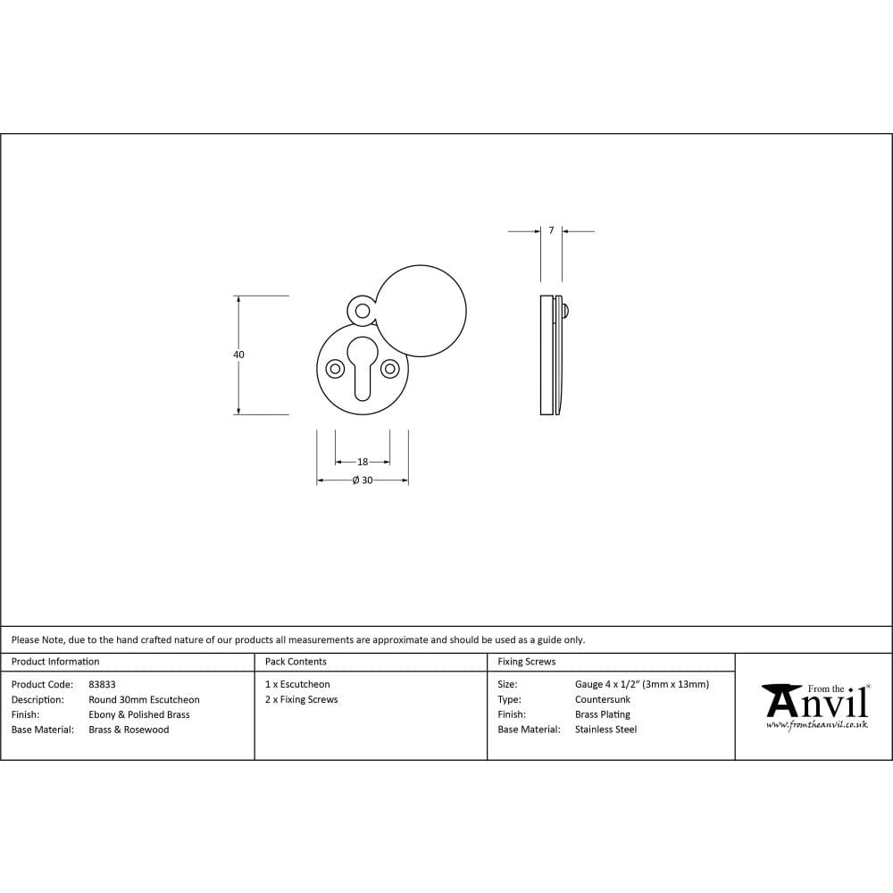 From The Anvil Door Furniture Ebony / Mortice Key Profile Escutcheons From The Anvil - Ebony 30mm Round Escutcheon