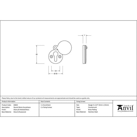From The Anvil Door Furniture Ebony / Mortice Key Profile Escutcheons From The Anvil - Ebony 30mm Round Escutcheon
