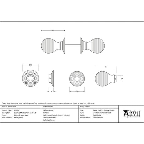 From The Anvil Door Furniture Ebony / Mortice/Rim Knobs From The Anvil - Ebony & Aged Brass Beehive Mortice/Rim Knob Set