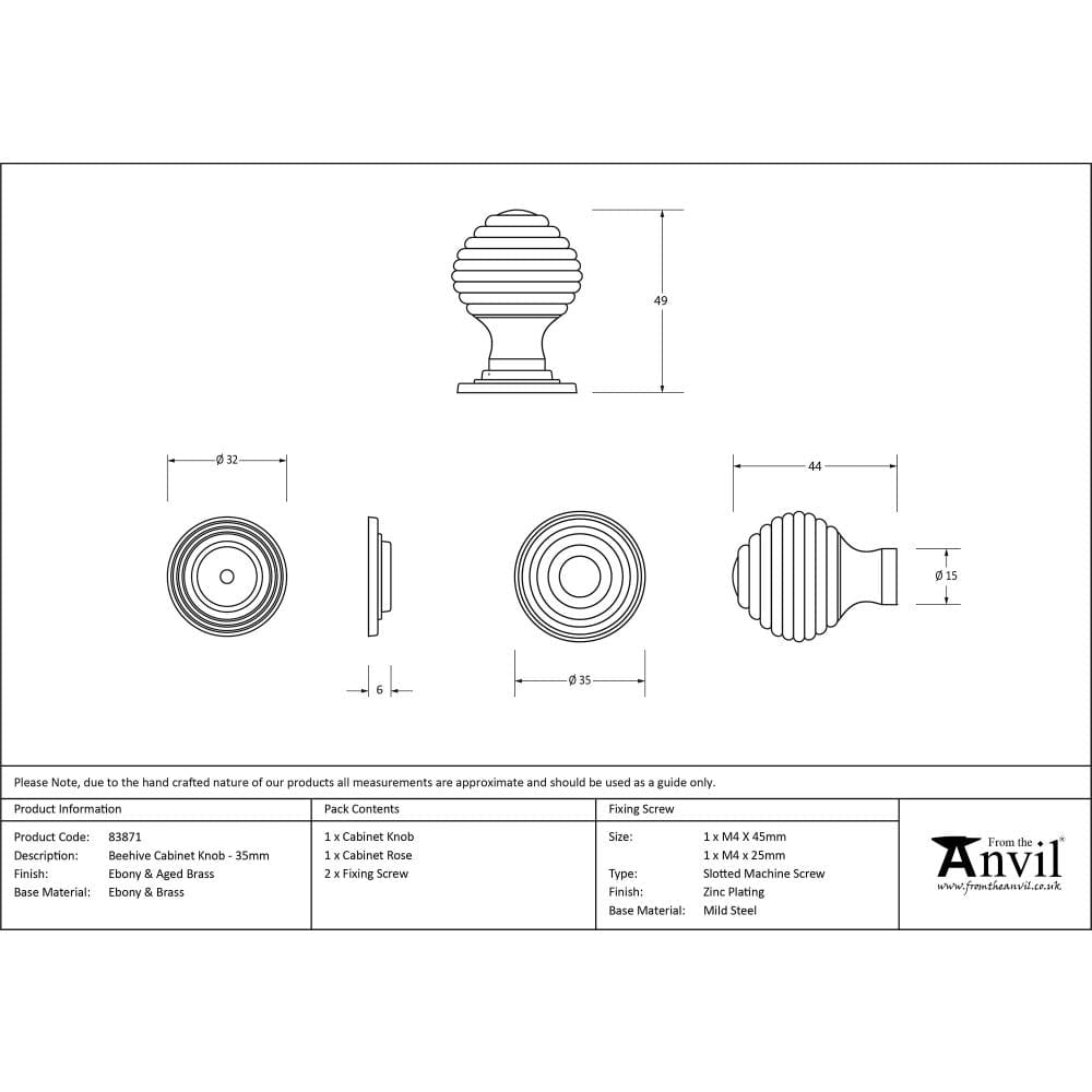 From The Anvil Cabinet Hardware Ebony / Cabinet Knobs / 35mm Dia. From The Anvil - Ebony and AB Beehive Cabinet Knob 35mm