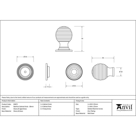 From The Anvil Cabinet Hardware Ebony / Cabinet Knobs / 38mm Dia. From The Anvil - Ebony and AB Beehive Cabinet Knob 38mm