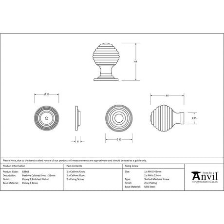 From The Anvil Cabinet Hardware Ebony / Cabinet Knobs / 35mm Dia. From The Anvil - Ebony and PN Beehive Cabinet Knob 35mm