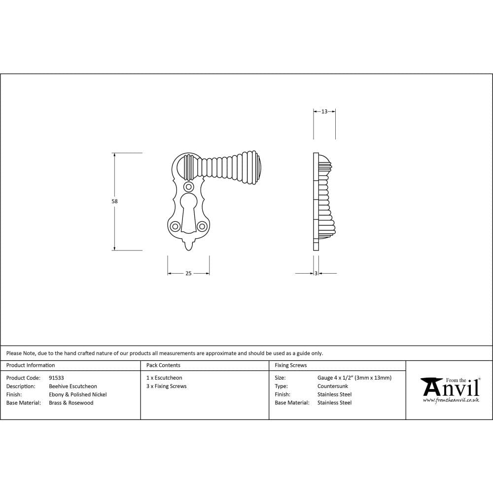 From The Anvil Door Furniture Ebony / Mortice Key Profile Escutcheons From The Anvil - Ebony & Polished Nickel Beehive Escutcheon