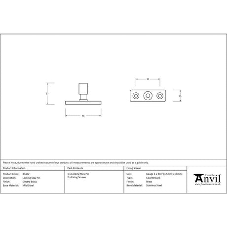 From The Anvil Window Furniture Electro Brass / Casement Stay Locking Pin From The Anvil - Electro Brass Locking Stay Pin