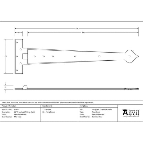 From The Anvil Hinges External Beeswax / Tee Hinges / 22" (559mm) From The Anvil - External Beeswax 22" Arrow Head T Hinge (pair)
