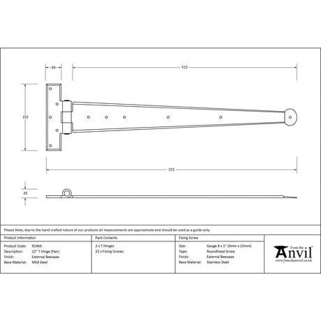 From The Anvil Hinges External Beeswax / Tee Hinges / 22" (559mm) From The Anvil - External Beeswax 22" Penny End T Hinge (pair)