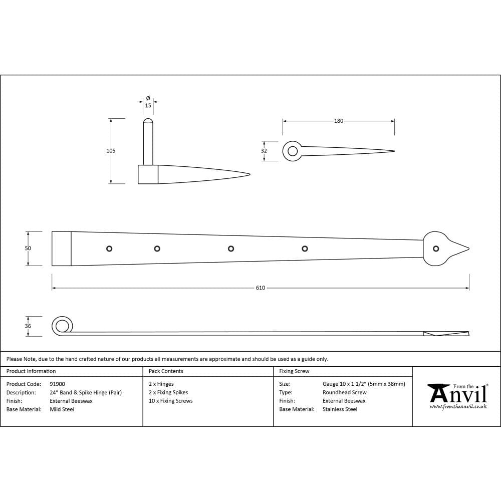 From The Anvil Hinges External Beeswax / Hook & Band Hinges / 4" x (102mm) From The Anvil - External Beeswax 24" Band & Spike Hinge (Pair)