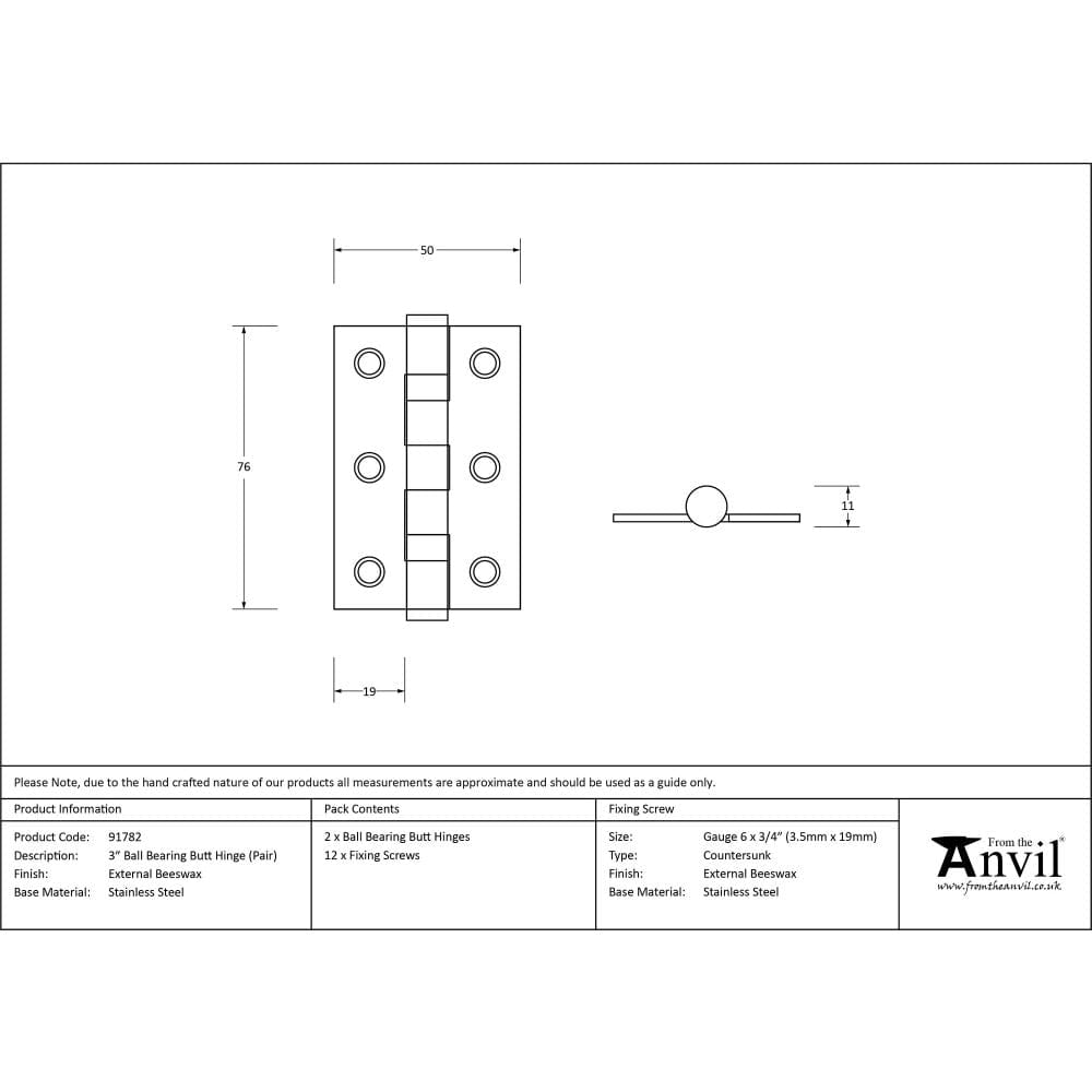 From The Anvil Hinges External Beeswax / Ball Bearing Hinges / 3" (76mm) From The Anvil - External Beeswax 3" Ball Bearing Butt Hinge (pair)