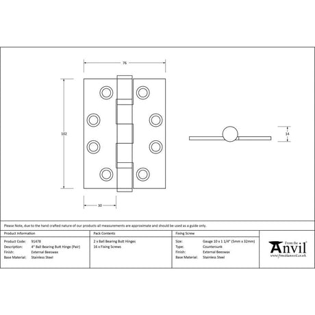 From The Anvil Hinges External Beeswax / Ball Bearing Hinges / 4" x (102mm) From The Anvil - External Beeswax 4" Ball Bearing Butt Hinge (pair)