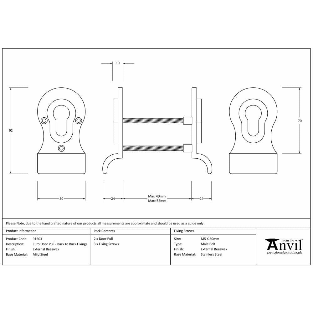 From The Anvil Door Furniture External Beeswax / Euro Profile Cylinder Pull From The Anvil - External Beeswax 50mm Euro Door Pull (Back to Back fixings)