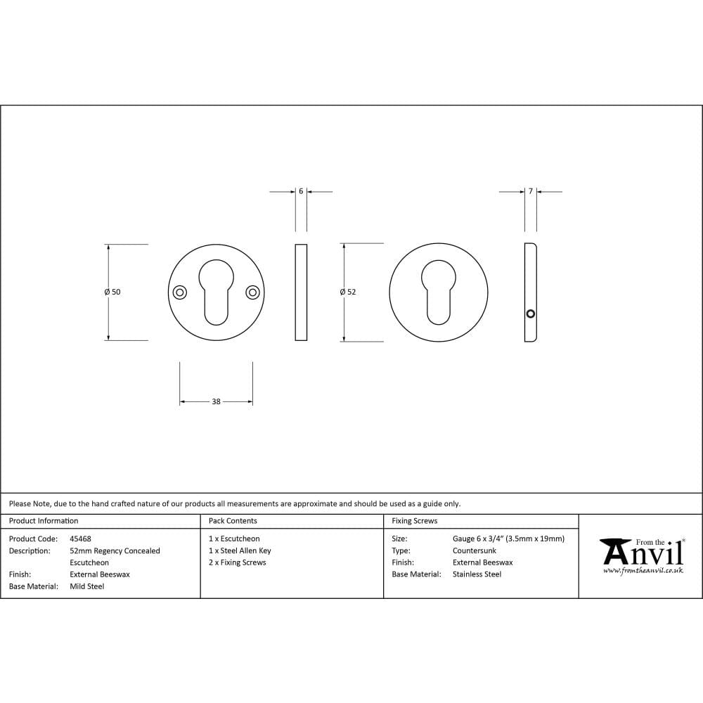 From The Anvil Door Furniture External Beeswax / Euro Profile Escutcheons From The Anvil - External Beeswax 52mm Regency Concealed Escutcheon
