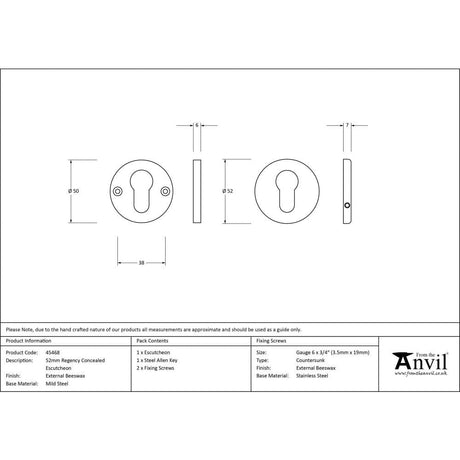From The Anvil Door Furniture External Beeswax / Euro Profile Escutcheons From The Anvil - External Beeswax 52mm Regency Concealed Escutcheon