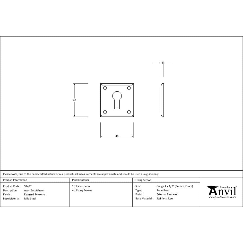 From The Anvil Door Furniture External Beeswax / Mortice Key Profile Escutcheons From The Anvil - External Beeswax Avon Escutcheon