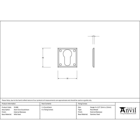 From The Anvil Door Furniture External Beeswax / Euro Profile Escutcheons From The Anvil - External Beeswax Avon Euro Escutcheon