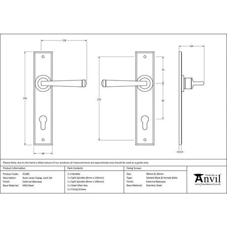 From The Anvil Door Furniture External Beeswax / Multi Point Lock Set / 92mm c/c From The Anvil - External Beeswax Avon Lever Espag. Lock Set