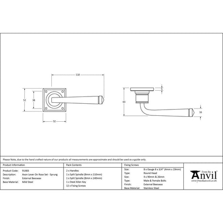 From The Anvil Door Furniture External Beeswax / Round Rose From The Anvil - External Beeswax Avon Lever on Rose Set Sprung
