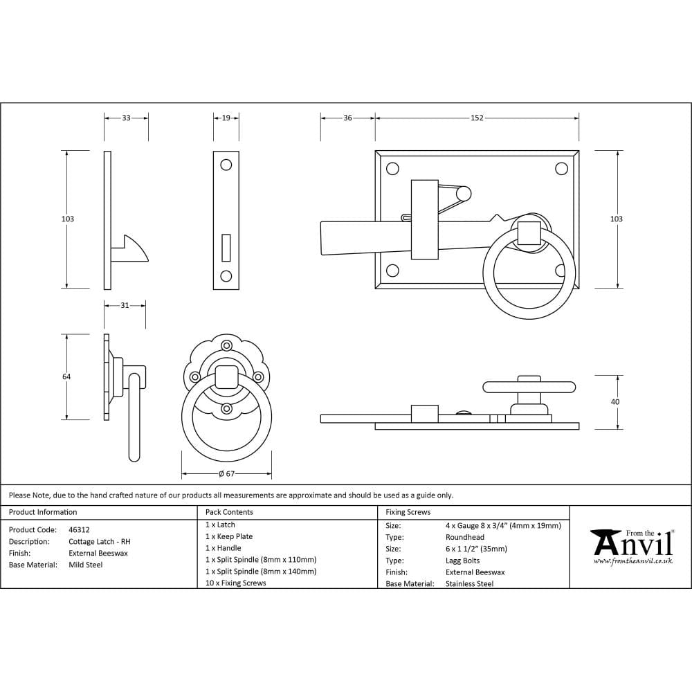 From The Anvil Door Furniture External Beeswax / Ring Latch From The Anvil - External Beeswax Cottage Latch - RH