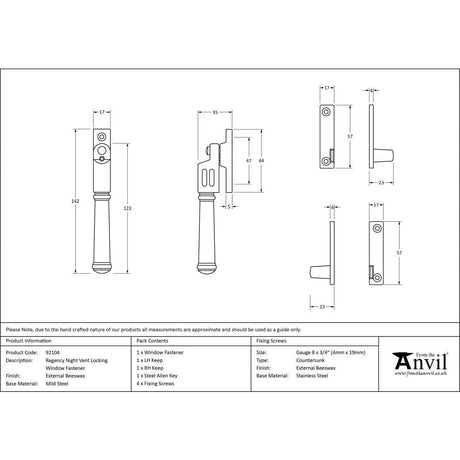 From The Anvil Window Furniture External Beeswax / Yes / Night Vent From The Anvil - External Beeswax Locking Night-Vent Regency Fastener
