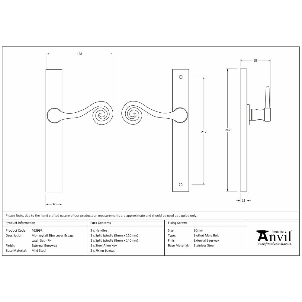 From The Anvil Door Furniture External Beeswax / Multi Point Latch Set From The Anvil - External Beeswax Monkeytail Slimline Lever Espag. Latch Set -RH