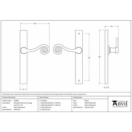 From The Anvil Door Furniture External Beeswax / Multi Point Latch Set From The Anvil - External Beeswax Monkeytail Slimline Lever Espag. Latch Set -RH