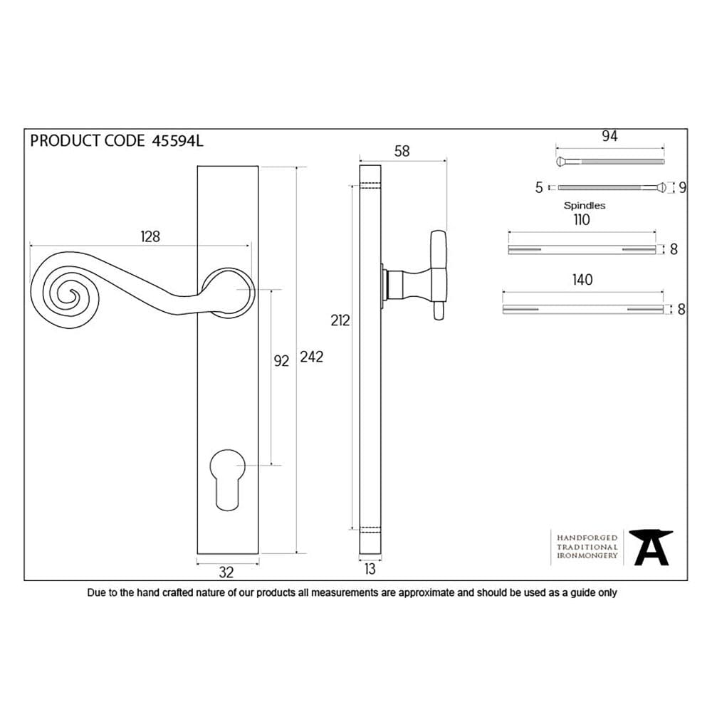 From The Anvil Door Furniture External Beeswax / Multi Point Lock Set / 92mm c/c From The Anvil - External Beeswax Monkeytail Slimline Lever Espag. Lock Set - LH