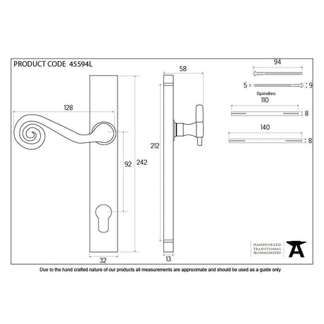 From The Anvil Door Furniture External Beeswax / Multi Point Lock Set / 92mm c/c From The Anvil - External Beeswax Monkeytail Slimline Lever Espag. Lock Set - LH