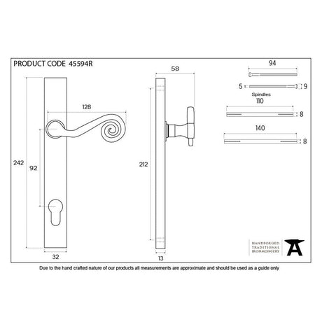 From The Anvil Door Furniture External Beeswax / Multi Point Lock Set / 92mm c/c From The Anvil - External Beeswax Monkeytail Slimline Lever Espag. Lock Set - RH