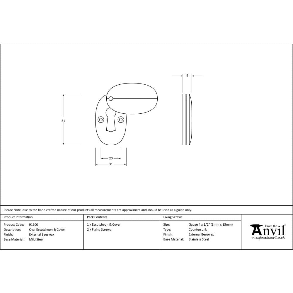 From The Anvil Door Furniture External Beeswax / Mortice Key Profile Escutcheons From The Anvil - External Beeswax Oval Escutcheon & Cover