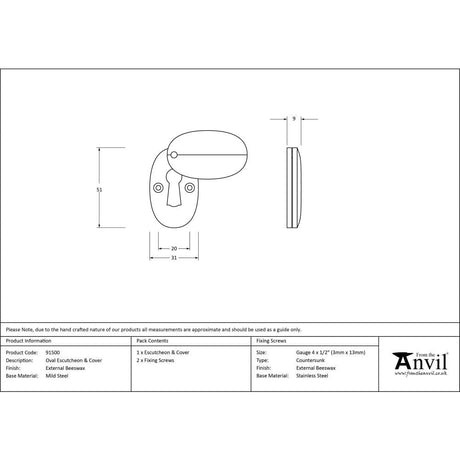 From The Anvil Door Furniture External Beeswax / Mortice Key Profile Escutcheons From The Anvil - External Beeswax Oval Escutcheon & Cover