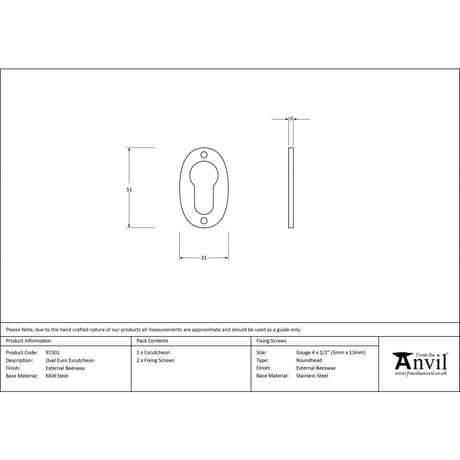From The Anvil Door Furniture External Beeswax / Euro Profile Escutcheons From The Anvil - External Beeswax Oval Euro Escutcheon