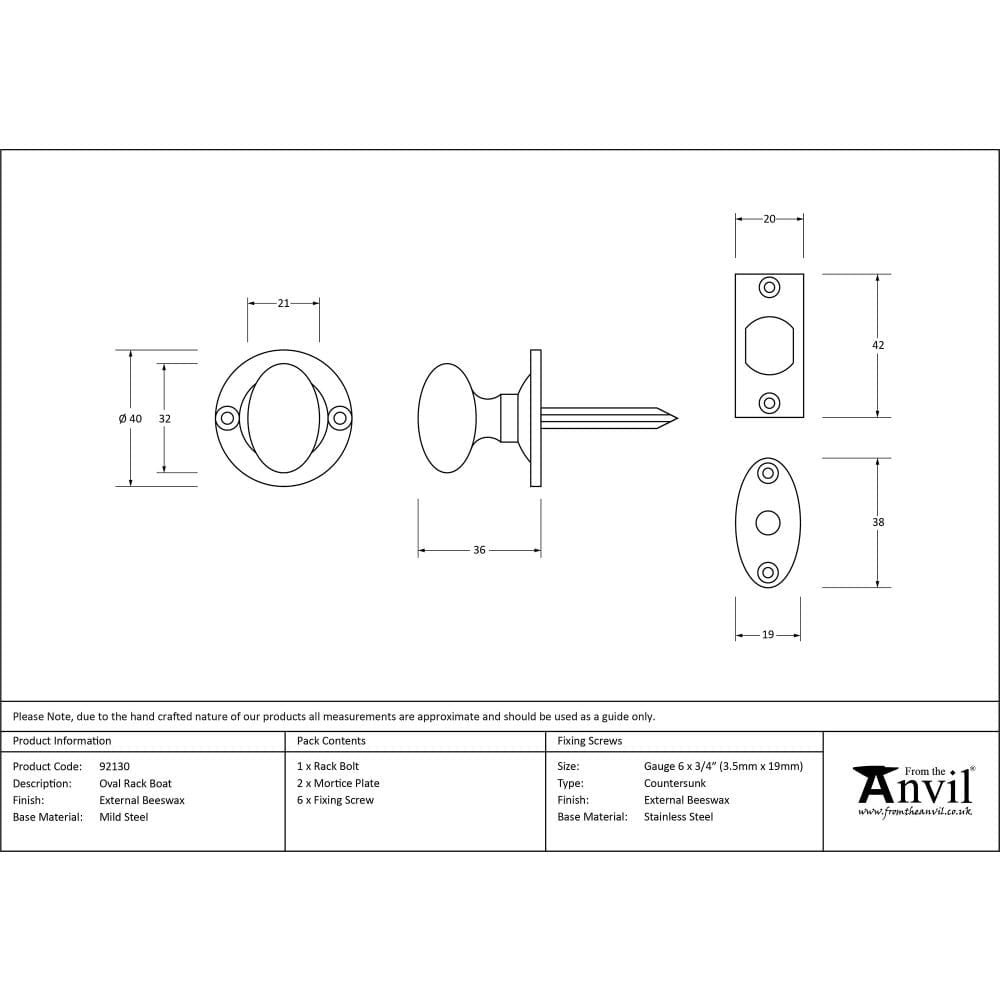From The Anvil Locks & Latches External Beeswax / Turn for Rack Bolt From The Anvil - External Beeswax Oval Rack Bolt