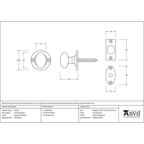 From The Anvil Locks & Latches External Beeswax / Turn for Rack Bolt From The Anvil - External Beeswax Oval Rack Bolt