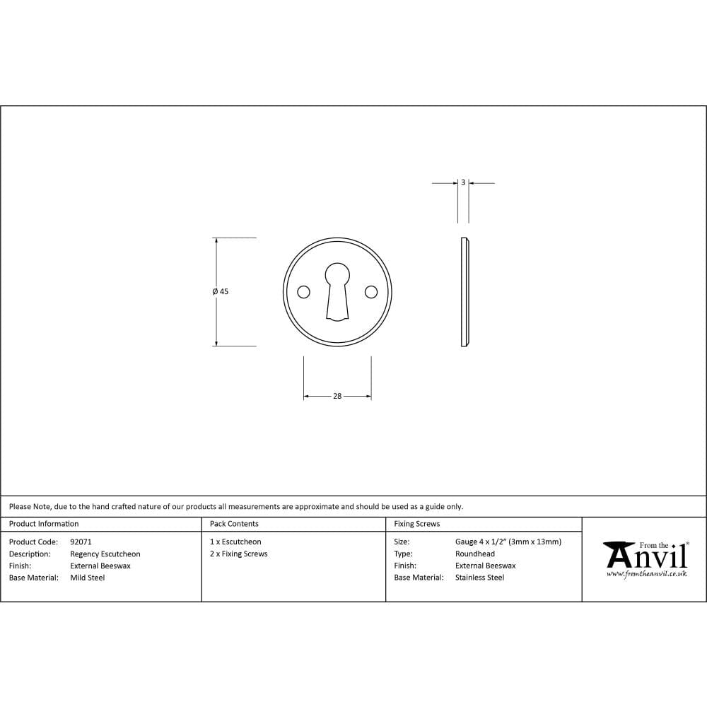 From The Anvil Door Furniture External Beeswax / Mortice Key Profile Escutcheons From The Anvil - External Beeswax Regency Escutcheon