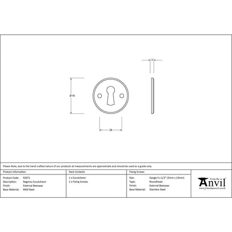 From The Anvil Door Furniture External Beeswax / Mortice Key Profile Escutcheons From The Anvil - External Beeswax Regency Escutcheon