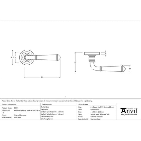 From The Anvil Door Furniture External Beeswax / Round Rose From The Anvil - External Beeswax Regency Lever on Rose Set (Art Deco) - Unsprung