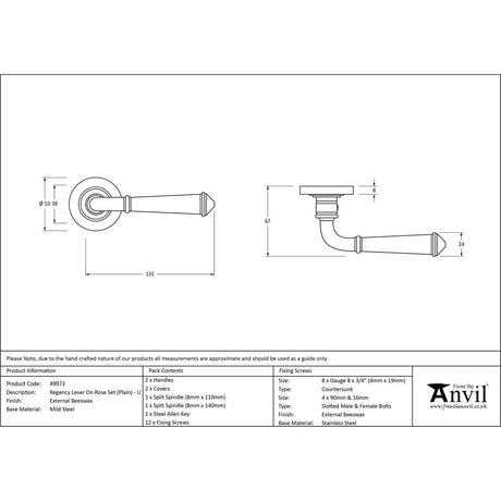 From The Anvil Door Furniture External Beeswax / Round Rose From The Anvil - External Beeswax Regency Lever on Rose Set (Plain) - Unsprung