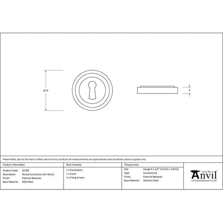 From The Anvil Door Furniture External Beeswax / Mortice Key Profile Escutcheons From The Anvil - External Beeswax Round Escutcheon (Art Deco)
