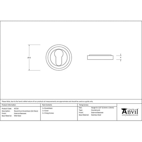 From The Anvil Door Furniture External Beeswax / Euro Profile Escutcheons From The Anvil - External Beeswax Round Euro Escutcheon (Art Deco)