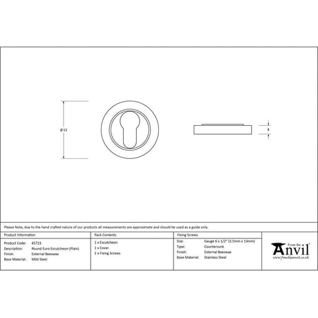 From The Anvil Door Furniture External Beeswax / Euro Profile Escutcheons From The Anvil - External Beeswax Round Euro Escutcheon (Plain)