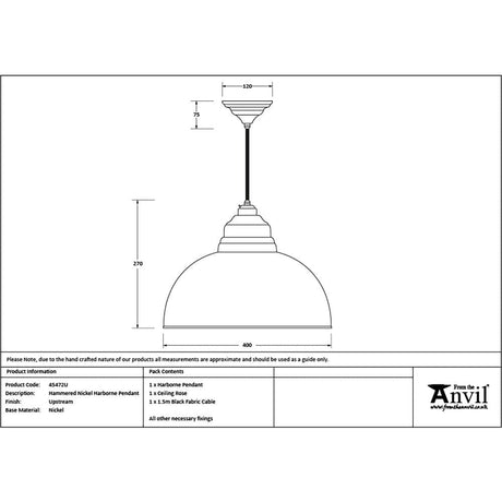 From The Anvil Electrical Hammered Nickel / Ceiling Pendants From The Anvil - Hammered Nickel Harborne Pendant in Upstream