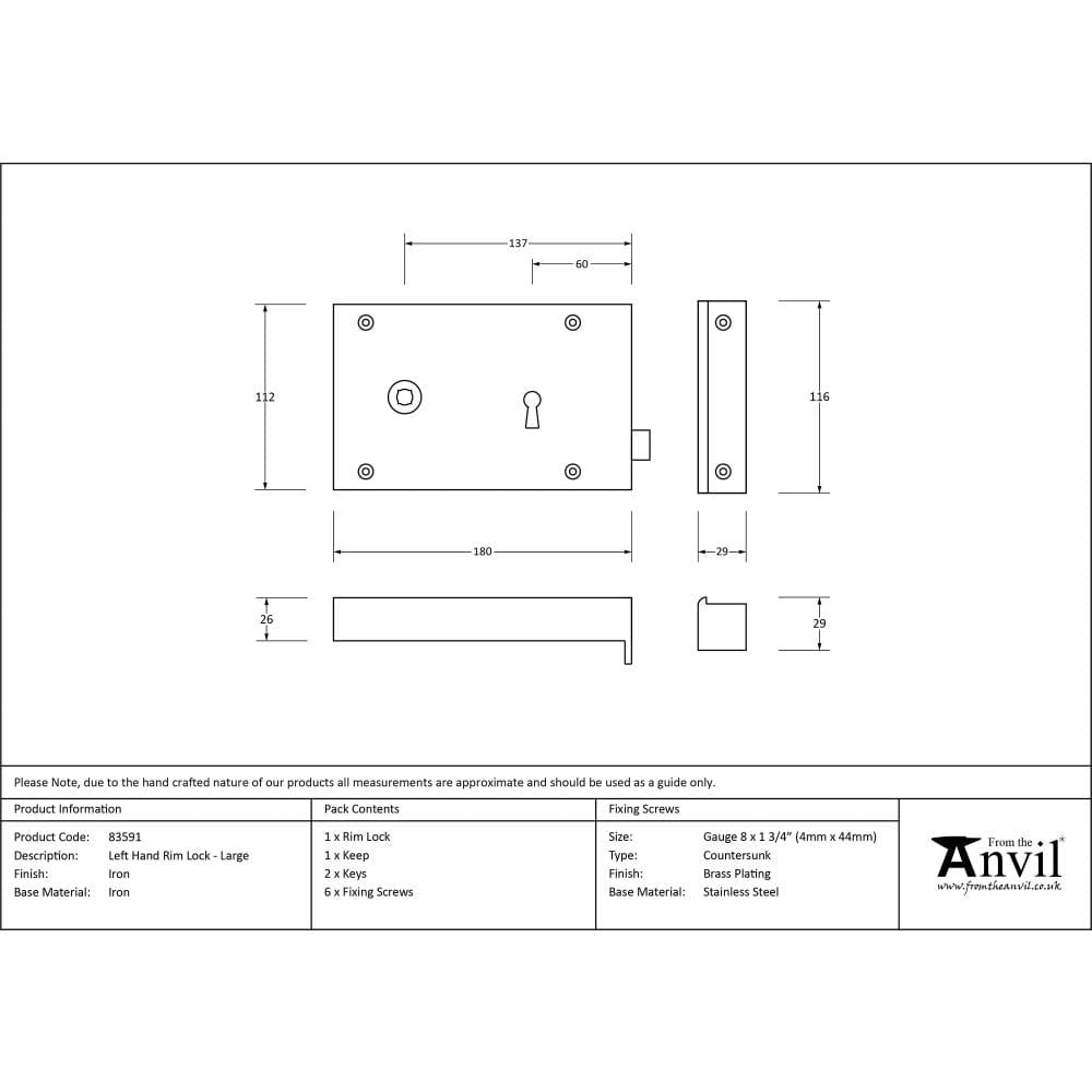 From The Anvil Locks & Latches Iron / Rim Locks From The Anvil - Iron Left Hand Rim Lock - Large