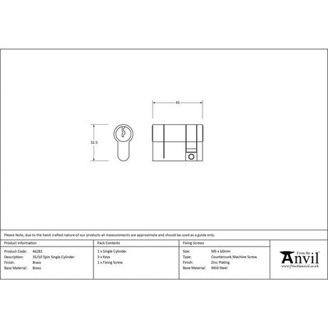 From The Anvil Locks & Latches Lacquered Brass / Euro Cylinders Single / 35 x 10mm From The Anvil - Lacquered Brass 35/10 5pin Single Cylinder